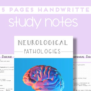 May include: A set of 15 handwritten study notes on neurological pathologies. The notes feature a colorful illustration of a brain and cover topics like Alzheimer's disease and dementia.