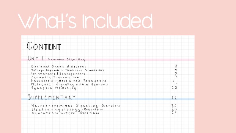 Pode incluir: Uma lista manuscrita de t&oacute;picos e seus respectivos n&uacute;meros de p&aacute;gina para uma unidade sobre sinaliza&ccedil;&atilde;o neuronal. Os t&oacute;picos incluem sinais el&eacute;tricos de neurones, permeabilidade da membrana dependente da voltagem, canais i&ocirc;nicos e transportadores, transmiss&atilde;o sin&aacute;ptica, neurotransmissores e seus receptores, sinaliza&ccedil;&atilde;o molecular dentro dos neur&ocirc;nios e plasticidade sin&aacute;ptica. A lista tamb&eacute;m inclui t&oacute;picos complementares como a vis&atilde;o geral da sinaliza&ccedil;&atilde;o de neurotransmissores, a vis&atilde;o geral da eletrofisiologia e a vis&atilde;o geral dos neurotransmissores.