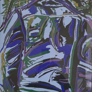 May include: Abstract painting with a blue, green, purple, and black color scheme. The painting features a variety of shapes and lines, creating a dynamic and energetic composition.