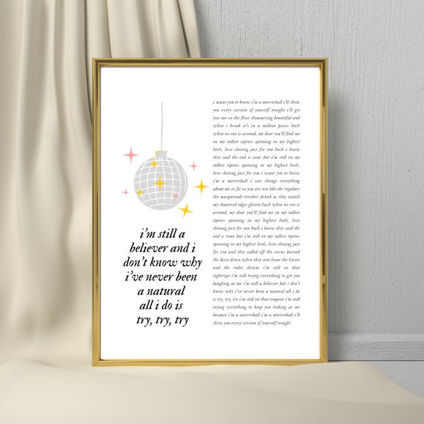 Mirrorball Taylor Swift Lyric Poster, I’ve Never Been a Natural All I Do Is Try, Try, Try, Swiftie Gift, Instant Download, Still a Believer