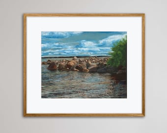 Pintura pirograbada y acuarela de Stony Point de J.C. Prins / Impresión artística