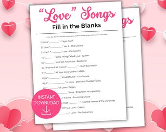 Può includere: Un gioco stampabile "Love" Songs Fill in the Blanks con un elenco di canzoni con la parola "Love" nel titolo. Il gioco è progettato per essere giocato riempiendo gli spazi vuoti con le parole mancanti dai titoli delle canzoni.