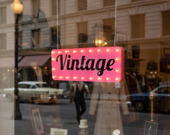 Vintage marquee sign Chic boutique window sign Mid century decor Vintage clothing Vintage store front Hanging sign lighted marquee.