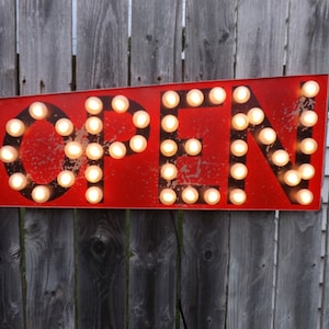 Open sign marquee lights store window business lighted industrial wall decor vintage retro edison bulbs not led or neon sign.