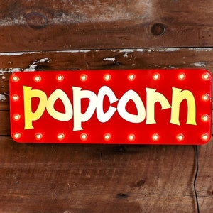 Movie marquee Theater sign Popcorn lights Home theatre Industrial decor Movie night Retro wall sign Hollywood silver screen lighted sign.