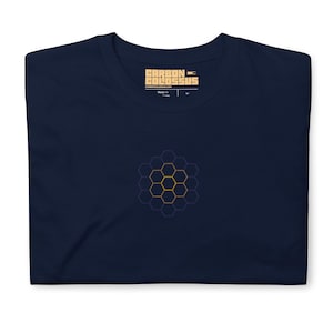 May include: A navy blue t-shirt with a gold honeycomb design and the text "CARBON COLOSSUS" printed on the front.