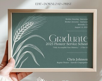 Editable Pioneer School Graduation Certificate | JW Gift for Regular Pioneer | 5x7 & 8x10 Sizes | Printable Canva Template | Wheat