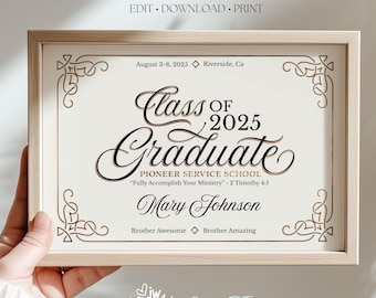 Pioneer School Certificate JW | Elegant Canva Template for Regular Pioneers | 5x7 & 8x10 Printable | JW Graduation Gift Keepsake