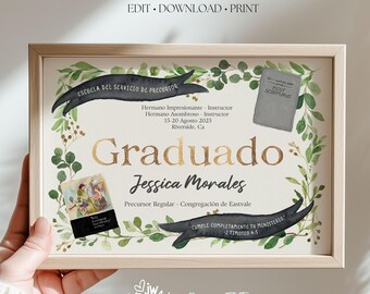 JW Pioneer School Certificate | Greenery Canva Template with Scripture Artwork | Printable 5x7 & 8x10 | JW Gift for Pioneers Spanish