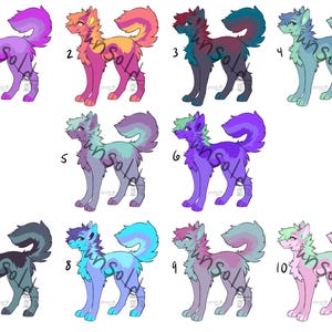 Puede incluir: Una colección de diez ilustraciones de lobos de dibujos animados coloridos. Cada lobo tiene una combinación de colores única, incluyendo tonos de morado, naranja, azul y verde. La palabra "unsold" está escrita en varias imágenes. Las ilustraciones están numeradas del 1 al 10.