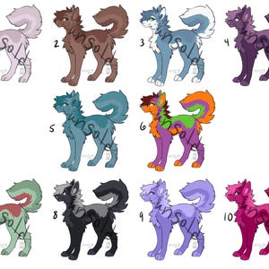 May include: Ten digital illustrations of cartoon wolves in various colors, including purple, blue, green, red, and gray. Each wolf has a different pose and expression.