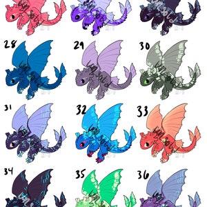 May include: A set of 12 digital illustrations of cartoon dragons in various colors, including pink, purple, blue, green, and gray. Each dragon has a unique design and is numbered 25 through 36.