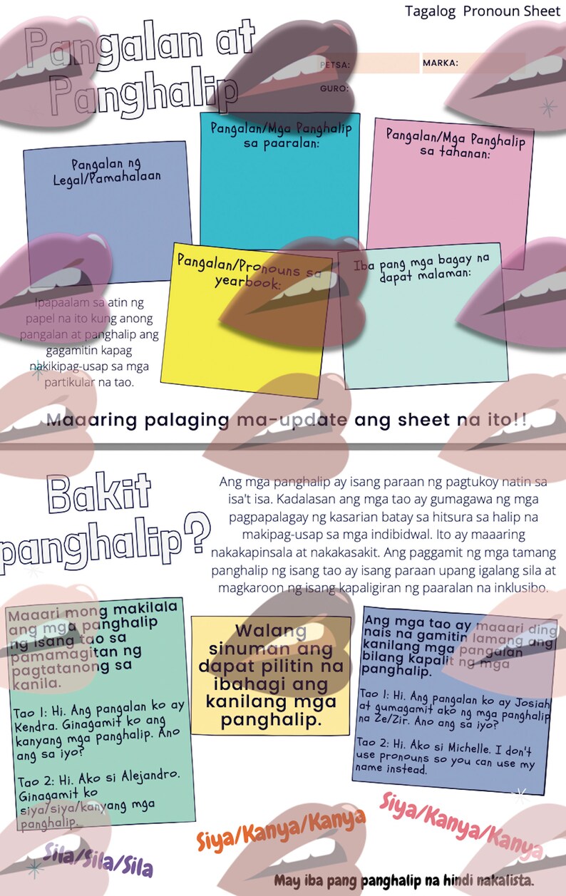 Tagalog Name and Pronoun Sheet Yearbook Pronoun Handout Etsy