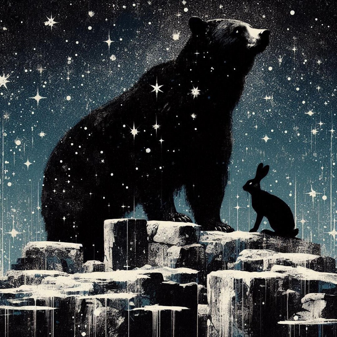 Original Art Kinship Whimsical Art, Hare and Bear Art, Moon, Black Bear ...