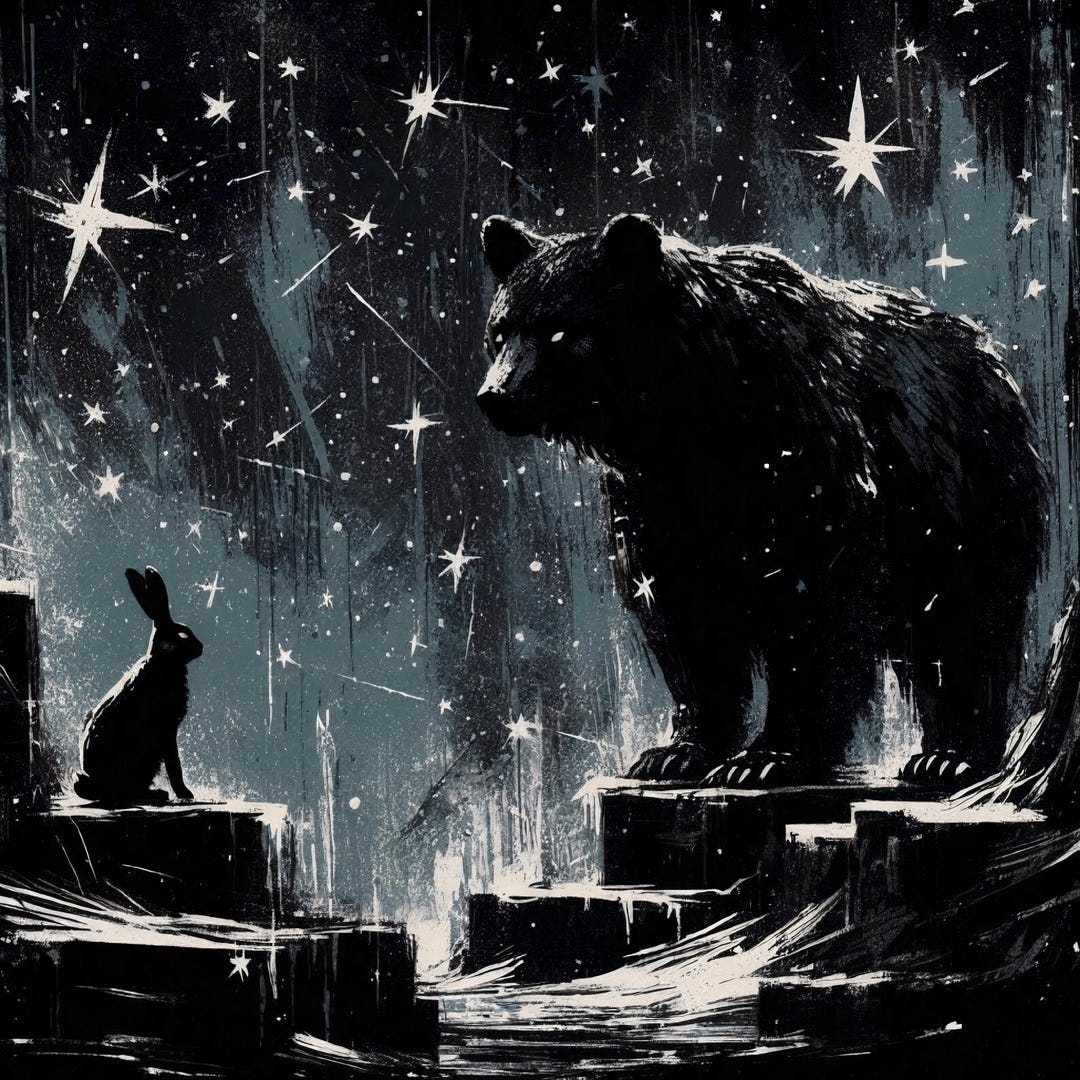 Original Art Kinship Whimsical Art, Hare and Bear Art, Moon, Black Bear ...