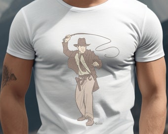 Indiana Jones Sketch T-Shirt, Harrison Ford, Adventure Movie, Fan Art, Dial of Destiny, Gift for Film Fan, Hat and Whip