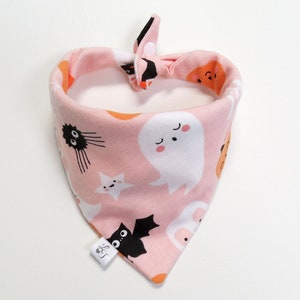 Halloween Icons Pink Flannel Dog Bandana, Ghosts, Pumpkins & Candy Corn Doggy Scarf, Snap Pet Bandanna, Gift For Dogs