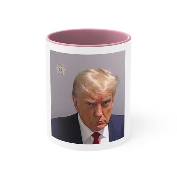 Make a statement with our Trump Mugshot Two-Tone Coffee Mug - Political Satire Ceramic Mug - 11oz