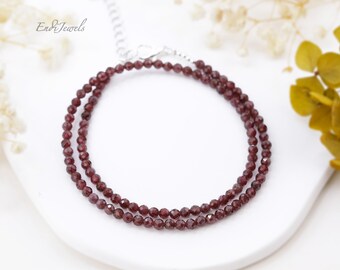 Natural Garnet 3mm Faceted Beaded Choker, Bracelet, Tiny Genuine Gemstone Beaded Necklace for Women, Dainty Daily Necklace, Gift for Her