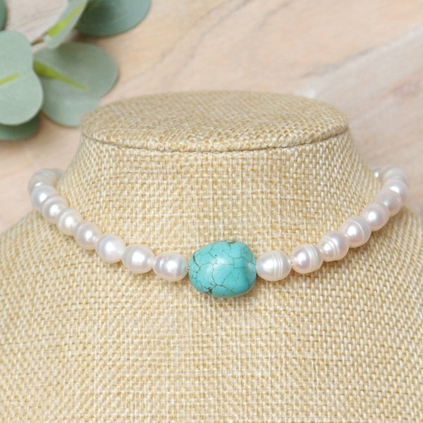 Freshwater Pearl and Raw Turquoise Stone Choker, Summer Choker, Beach Choker, Short Necklace, Beaded Necklace, Mother's Day Gift