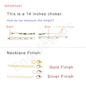 May include: A 14-inch choker necklace with a chain extender. The necklace is made of green beads and silver chain. The image shows the necklace laid out on a ruler to show the length. The image also shows two different finishes for the necklace: gold and silver.