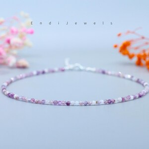 Natural Lepidolite Tiny 3mm Faceted Round Beaded Choker, Bracelet, Genuine Purple Pink Gemstones, Summer Choker, Daily Dainty Necklace Gift