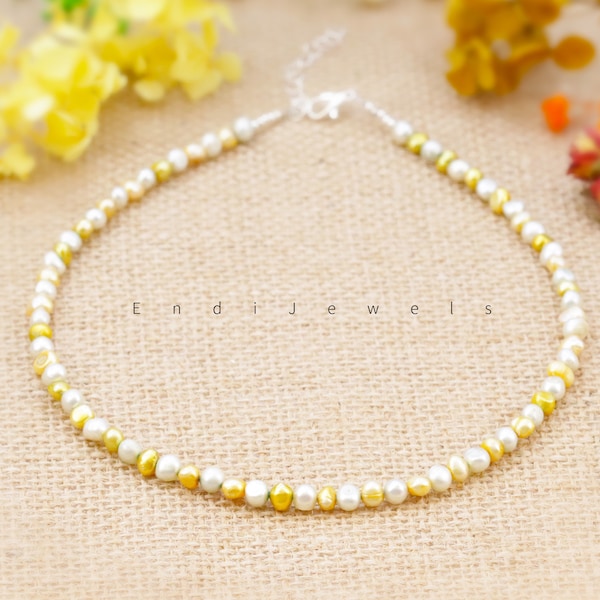Natural Freshwater Pearl 5mm Irregular Round Beaded Choker, Real White Yellow Baroque Pearl Beaded Necklace, Summer Choker, Mother’s Day Gif