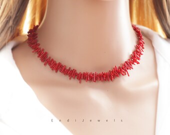 Red Coral Chips Necklace, Natural Irregular Coral Gemstones, Summer  Choker, Gift for Her, Mother's Day Gift, Gemstone Beaded Necklace