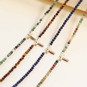 Cross Pendant Necklace, Tiny 3mm Beaded Gemstone Necklace, Summer Choker, Daily Dainty Necklace, Gift for Her