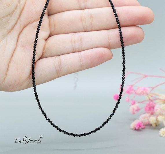 Black Spinel Tiny 2mm Faceted Beaded Choker, Bracelet, Natural Genuine Black Gemstone Beads, Beaded Necklace, Summer Choker, Gift for Her