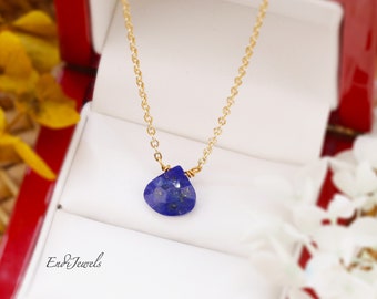 Natural Lapis Lazuli Teardrop Pendant Necklace, Blue Gemstone Tiny 10*9mm Pendant Gold Chain, Dainty Daily Minimalist Necklace, Gift for Her