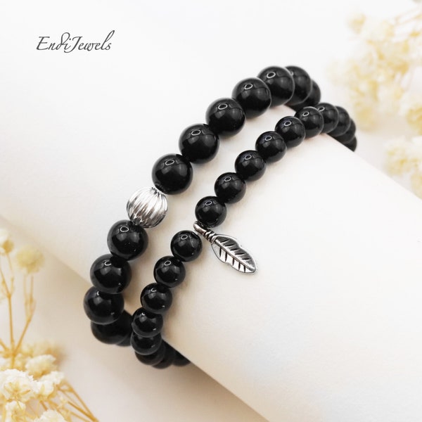 Natural Black Onyx Stretch Beaded Bracelets, 6mm 8mm Genuine Gemstone Beads, Women's Bracelet, Authentic Black Onyx, Mother's Day Gift