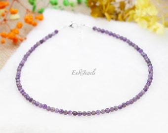 Natural Amethyst 4mm Beaded Choker, Bracelet, Dainty Daily Crystal Beaded Necklace, Genuine Purple Gemstones, Mother's Day Gift