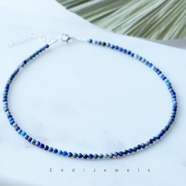 Natural Lapis Lazuli Faceted Beaded Choker, Bracelet, Tiny 2.8mm Blue Gemstone Beaded Necklace, Handmade Necklace, Gift for Her