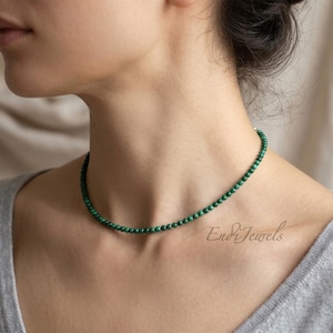 Natural Malachite Tiny 3mm Round Beaded Choker, Stretchy Bracelet, Waterproof Daily Layered Necklace, Genuine Green Gemstone, Gift for Women