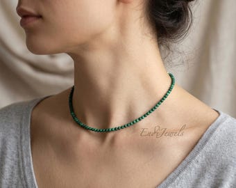 Natural Malachite Tiny 3mm Round Beaded Choker, Stretchy Bracelet, Waterproof Daily Layered Necklace, Genuine Green Gemstone, Gift for Women