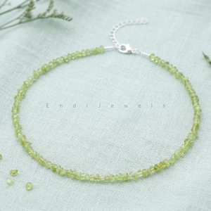Natural Peridot 3mm Tiny Green Chips Choker, Stretchy Bracelet, Genuine Irregular Gemstone, Dainty Daily Waterproof Layered Necklace Gif