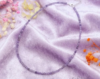 Natural Amethyst Tiny 3mm Faceted Beaded Choker, Stretchy Bracelet, Purple Quartz Beaded Necklace, Daily Waterproof Layered Necklace Gift