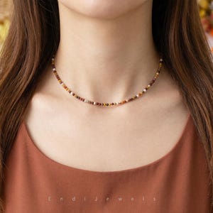 Natural Mookaite 3mm Tiny Round Beaded Choker, Stretchy Bracelet, Genuine Yellow Gemstone Beaded Necklace, Daily Waterproof Layered Necklace image 1