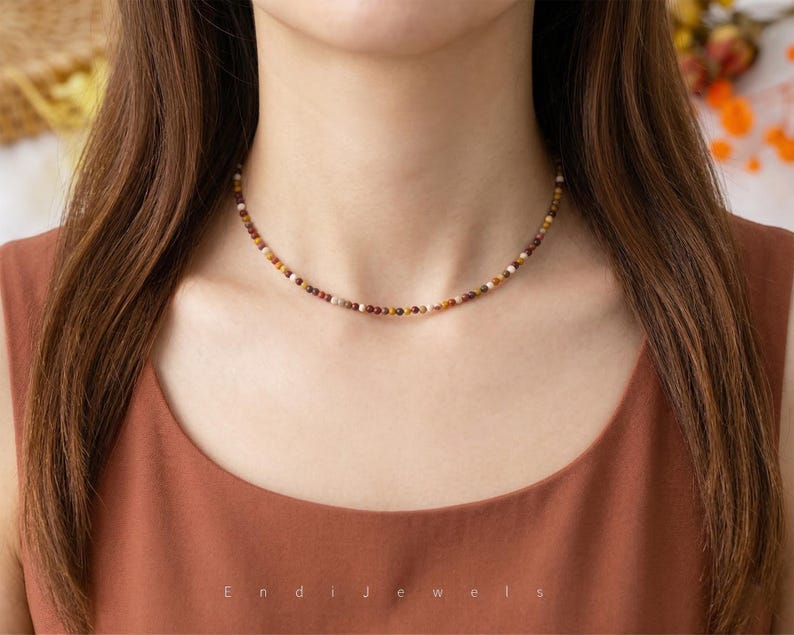 Natural Mookaite 3mm Tiny Round Beaded Choker, Stretchy Bracelet, Genuine Yellow Gemstone Beaded Necklace, Daily Waterproof Layered Necklace image 1