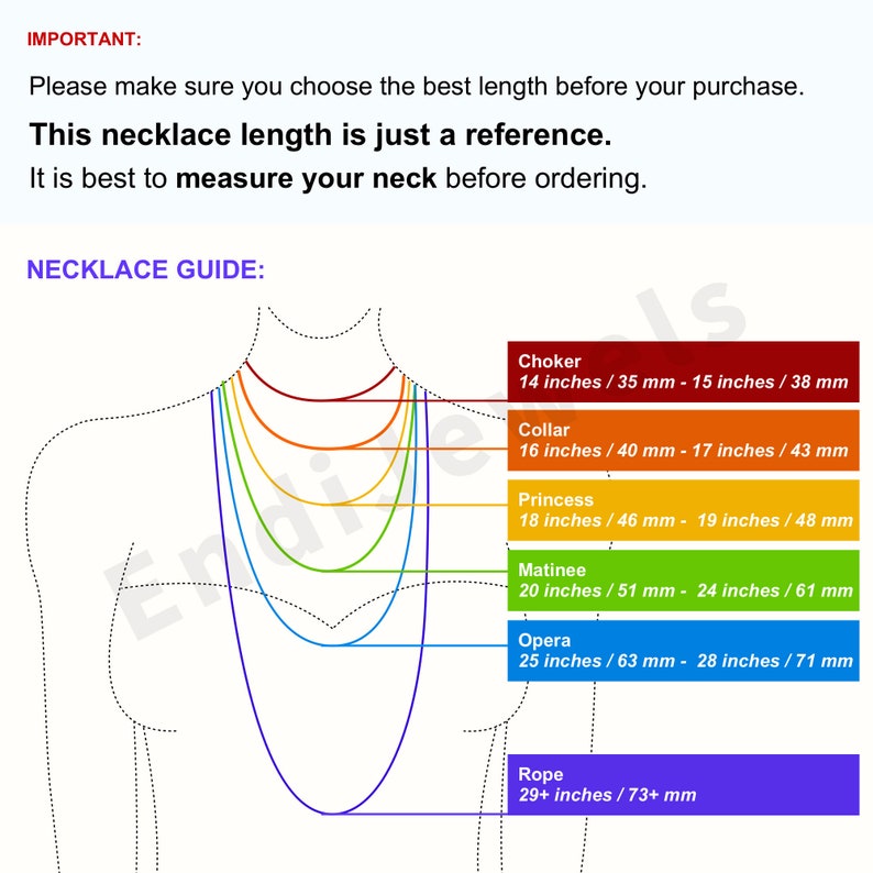 May include: Necklace length guide with a diagram showing different necklace lengths. Includes text: Choker (14 inches/35 mm), Collar (16 inches/40 mm), Princess (18 inches/46 mm), Matinee (20 inches/51 mm), Opera (25 inches/63 mm), and Rope (29+ inches/73+ mm).