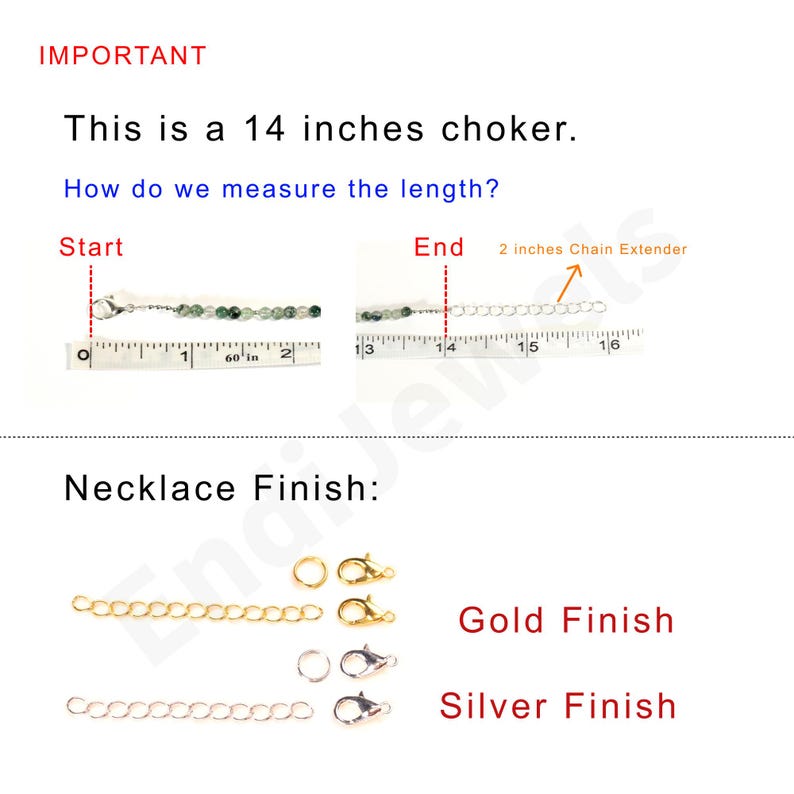 K&ouml;nnte beinhalten: Eine 14-Zoll-Halskette mit einer 2-Zoll-Verl&auml;ngerungskette, dargestellt mit einem Ma&szlig;band. Das Bild zeigt Ausf&uuml;hrungen in Gold und Silber, jeweils mit einer Metall-Verl&auml;ngerungskette, einem Biegering und einem Karabinerverschluss.