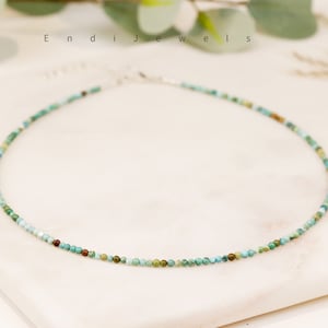 Natural Turquoise Beaded Choker, Bracelet, Tiny 2mm Hubei Green Turquoise Beads, Dainty Daily Layered Necklace, Gift for Her