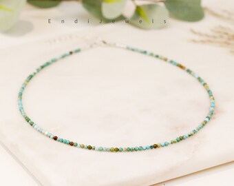 Natural Turquoise Beaded Choker, Bracelet, Tiny 2mm Hubei Green Turquoise Beads, Dainty Daily Layered Necklace, Gift for Her