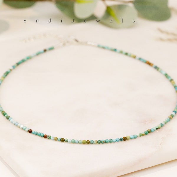 Natural Turquoise Beaded Choker, Bracelet, Tiny 2mm Hubei Green Turquoise Beads, Real Turquoise Beaded Necklace, Valentine's Day Present