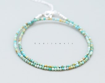 Natural Turquoise Beaded Choker, Bracelet, Tiny 2mm Green Turquoise Beads, Dainty Daily Layered Necklace, Gift for Her