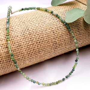 Tiny Green Agate Round Beaded Choker, Bracelet, Natural Gemstone Beaded Necklace, Small 3mm Moss Agate, Handmade Gift for Women