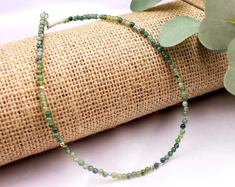 Tiny Green Agate Round Beaded Choker, Bracelet, Natural Gemstone Beaded Necklace, Small 3mm Moss Agate, Handmade Gift for Women