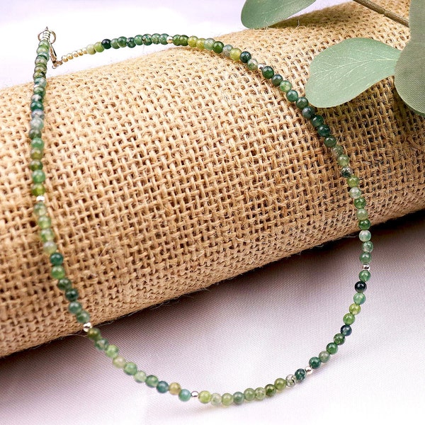 Tiny Green Agate Round Beaded Choker, Bracelet, Natural Gemstone Beaded Necklace, Small 3mm Moss Agate, Handmade Gift for Women