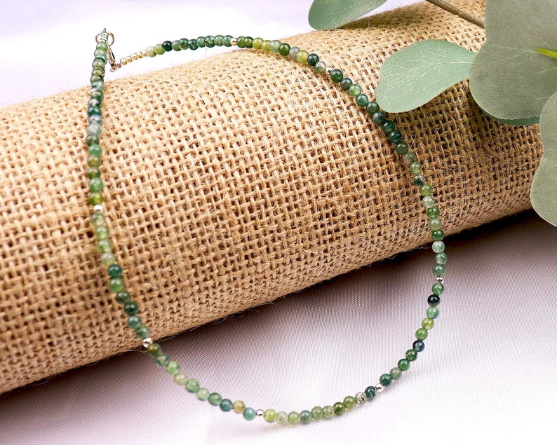 Tiny Green Agate Round Beaded Choker, Bracelet, Natural Gemstone Beaded Necklace, Small 3mm Moss Agate, Handmade Gift for Women image 1